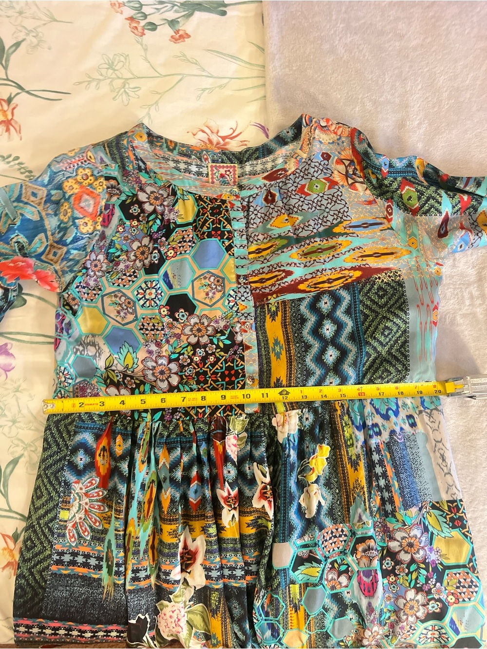 Johnny Was Nelsona Silk Teal, Green & Blue Patchwork Floral Midi Dress - Picture 10 of 11